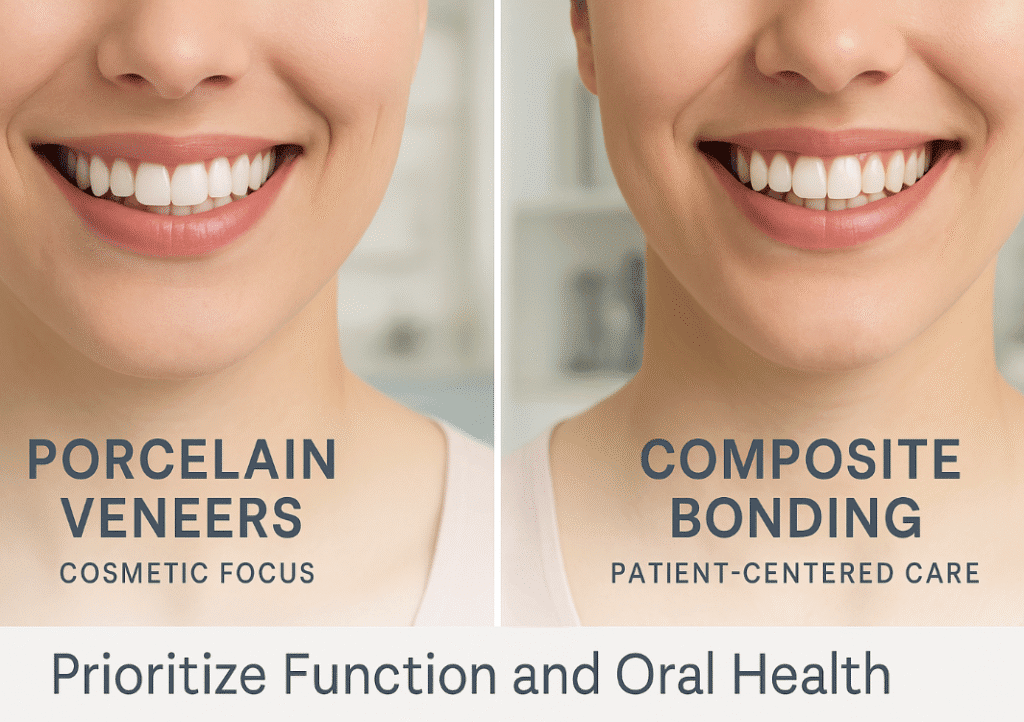 Side-by-side image comparing porcelain veneers and composite bonding. The left side shows a woman with ultra-white, uniform teeth labeled "Porcelain Veneers – Cosmetic Focus." The right side shows a woman with natural-looking teeth labeled "Composite Bonding – Patient-Centered Care." Text at the bottom reads “Prioritize Function and Oral Health.”