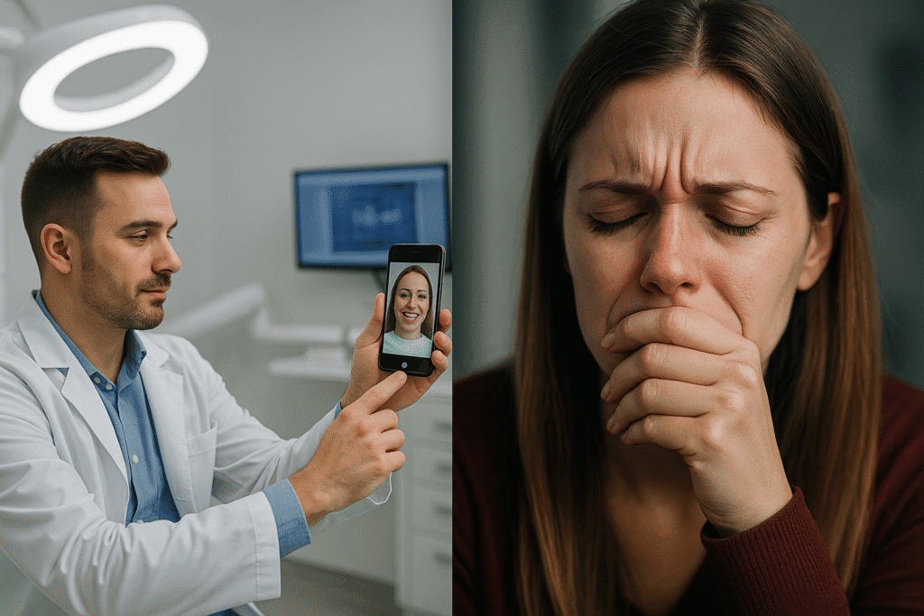 Split-screen image showing a dentist taking a photo of a smiling new patient in a brightly lit office on one side, while on the other side, a former patient sits alone with a distressed expression, symbolizing emotional regret and feeling abandoned after cosmetic dental work.