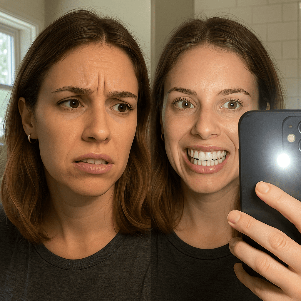 Split-screen photo of a woman in a bathroom. On the left, she looks anxious and concerned under natural light. On the right, she smiles widely with bright porcelain veneers, lit by a phone flash, highlighting the contrast between artificial perfection and real-life doubt.