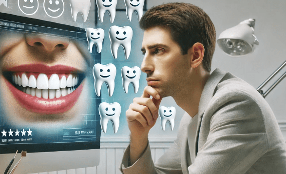 Porcelain Veneer Costs: The Real Price, Lifetime Expenses, and Safer Alternatives 5 Man thinking about cosmetic dentistry while looking at a computer screen showing a bright porcelain veneer smile, surrounded by cartoon teeth icon