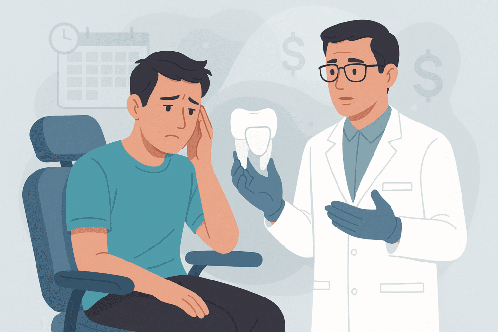 Matthew Stafford Veneers Before and After: Who’s Really to Blame? 5 Illustration of a dentist explaining porcelain veneers to a concerned patient. The dentist holds a tooth model while the patient looks worried, and faint calendar and dollar sign icons in the background symbolize the long-term costs and maintenance of veneers.