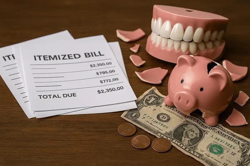 Broken piggy bank with cash and coins next to dental model and itemized bill, symbolizing the high cost of porcelain veneers