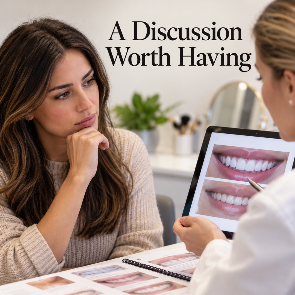 Woman thoughtfully discussing porcelain veneers with a dental professional while reviewing smile transformation photos, highlighting the importance of informed decisions before cosmetic dentistry.
