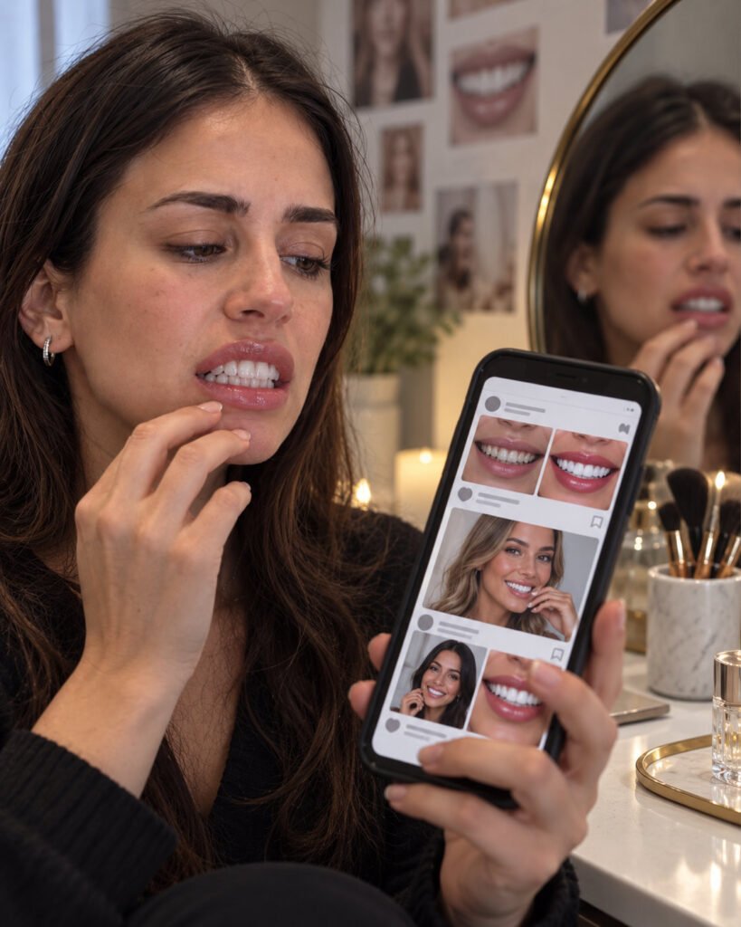 Woman examining her teeth while comparing her smile to flawless porcelain veneers and cosmetic dentistry transformations on social media, highlighting unrealistic beauty standards and smile insecurity